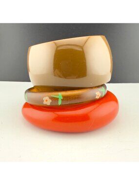 Vintage Chunky Resin Bangle Bracelet Set Brown Orange Floral